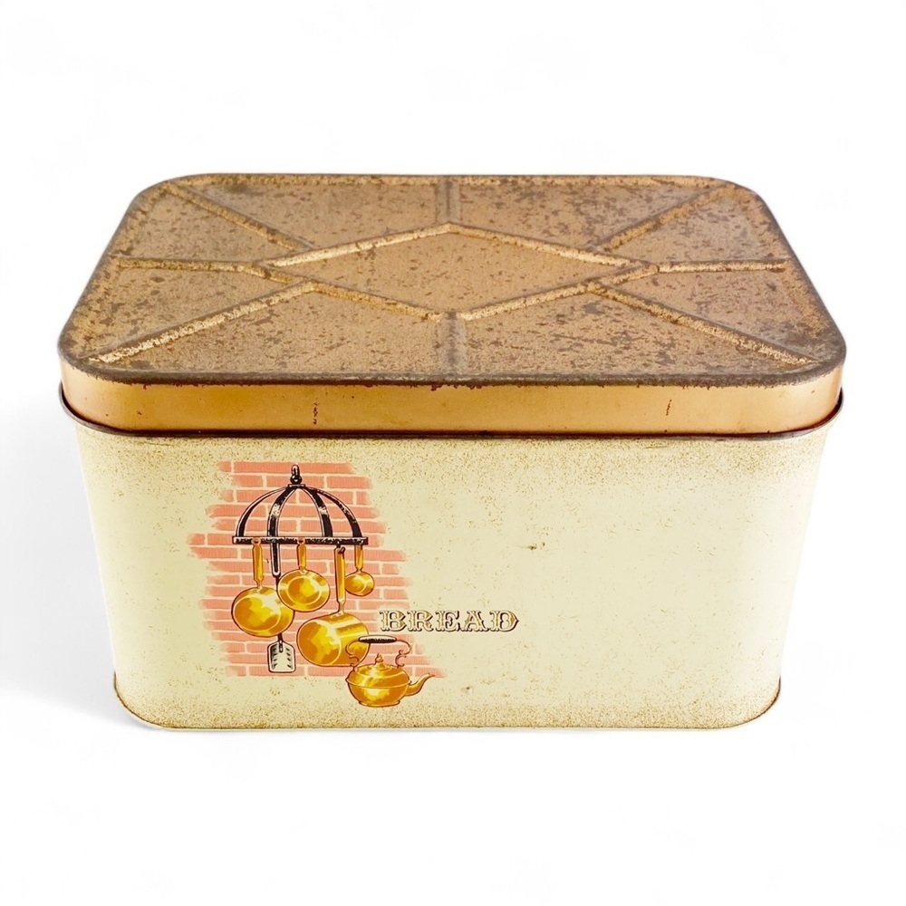 Vintage Mid-Century Tin Metal Bread Box Copper Hinged Lid - Picture 2 of 9